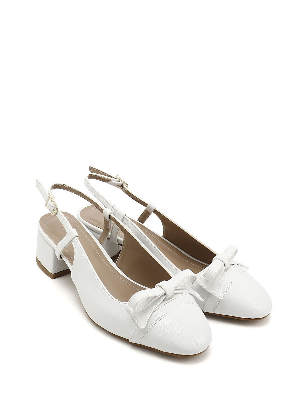 Beyaz Kadın BEYAZ-AÇIK GRİ Fiyonklu Kısa Kalın Topuklu Arkası Açık Ayakkabı-1