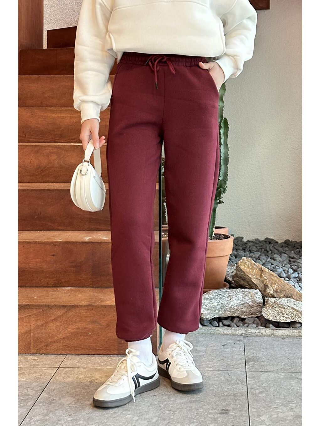 Üç İplik Şardonlu  Eşofman Altı Bordo-3