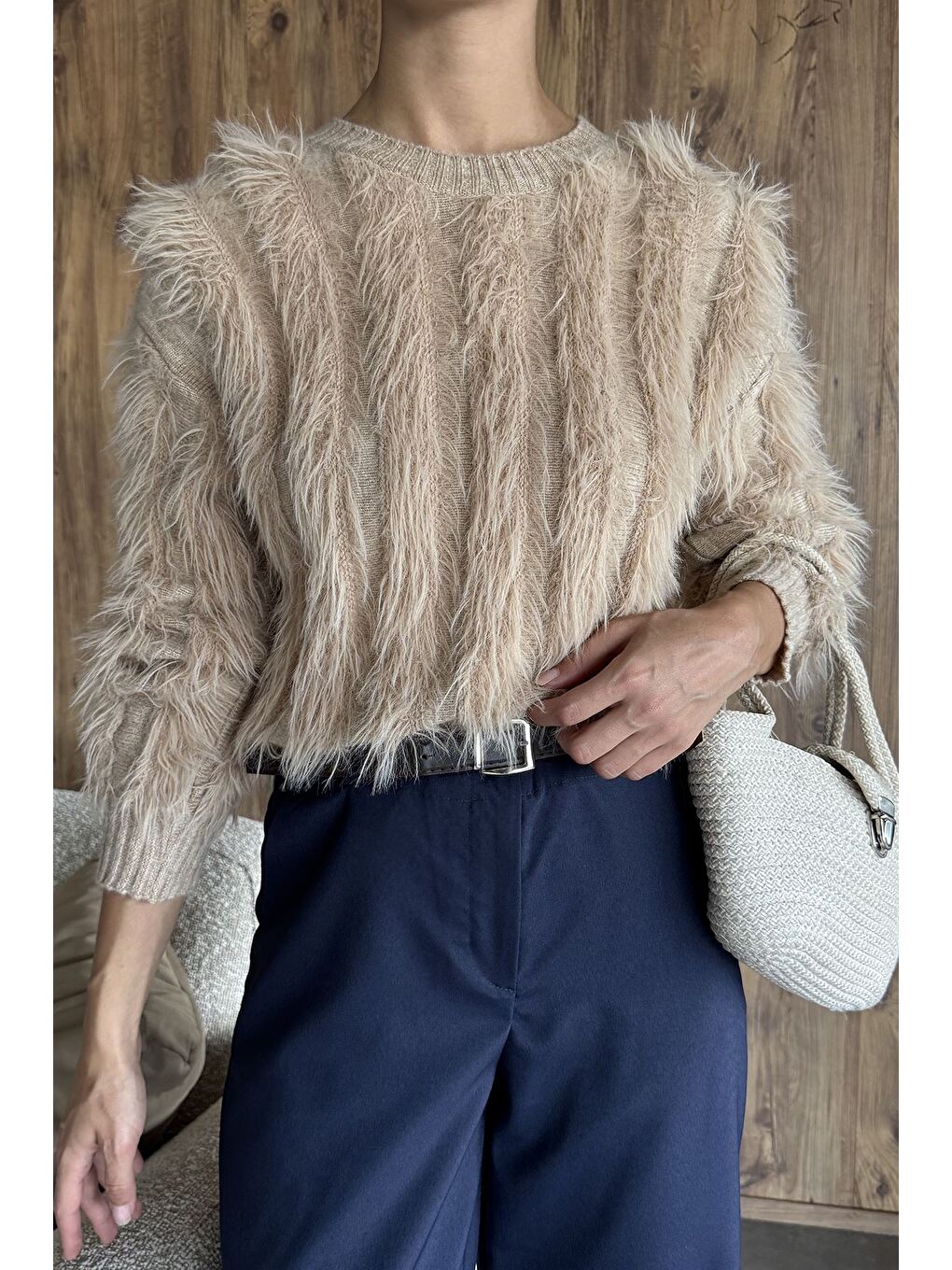 Bej Kadın Sakallı Triko Kazak-1