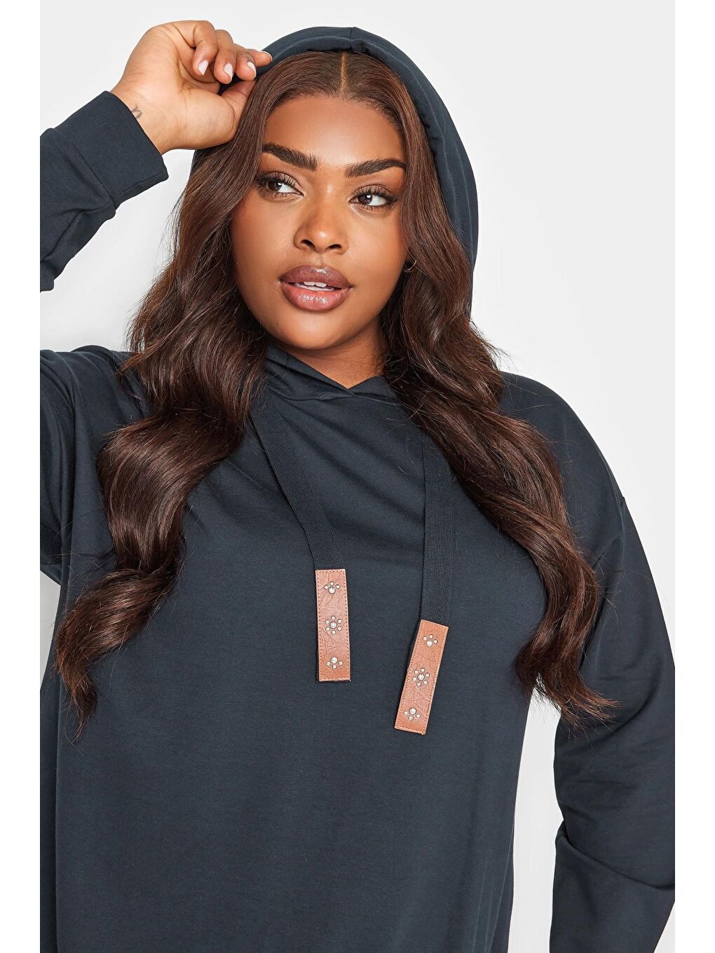 Lacivert Büyük Beden Arkası Uzun Kapüşonlu Bağcıklı Uzun Kollu Sweatshirt 302574-2