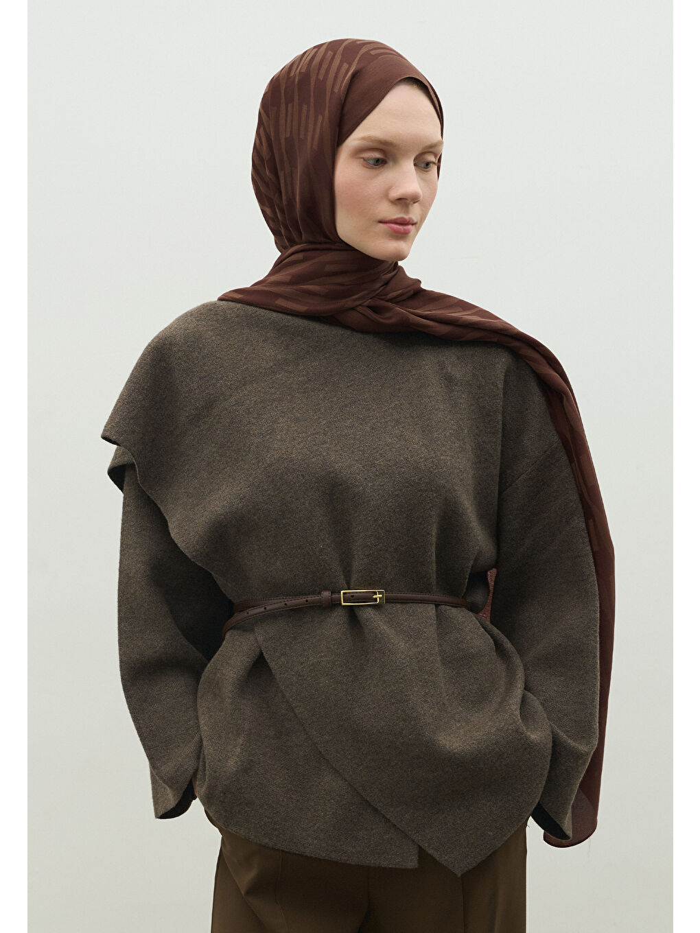 Kahverengi NARA PAMUK FLOŞ JAKARLI ŞAL AĞAÇ KABUĞU-1