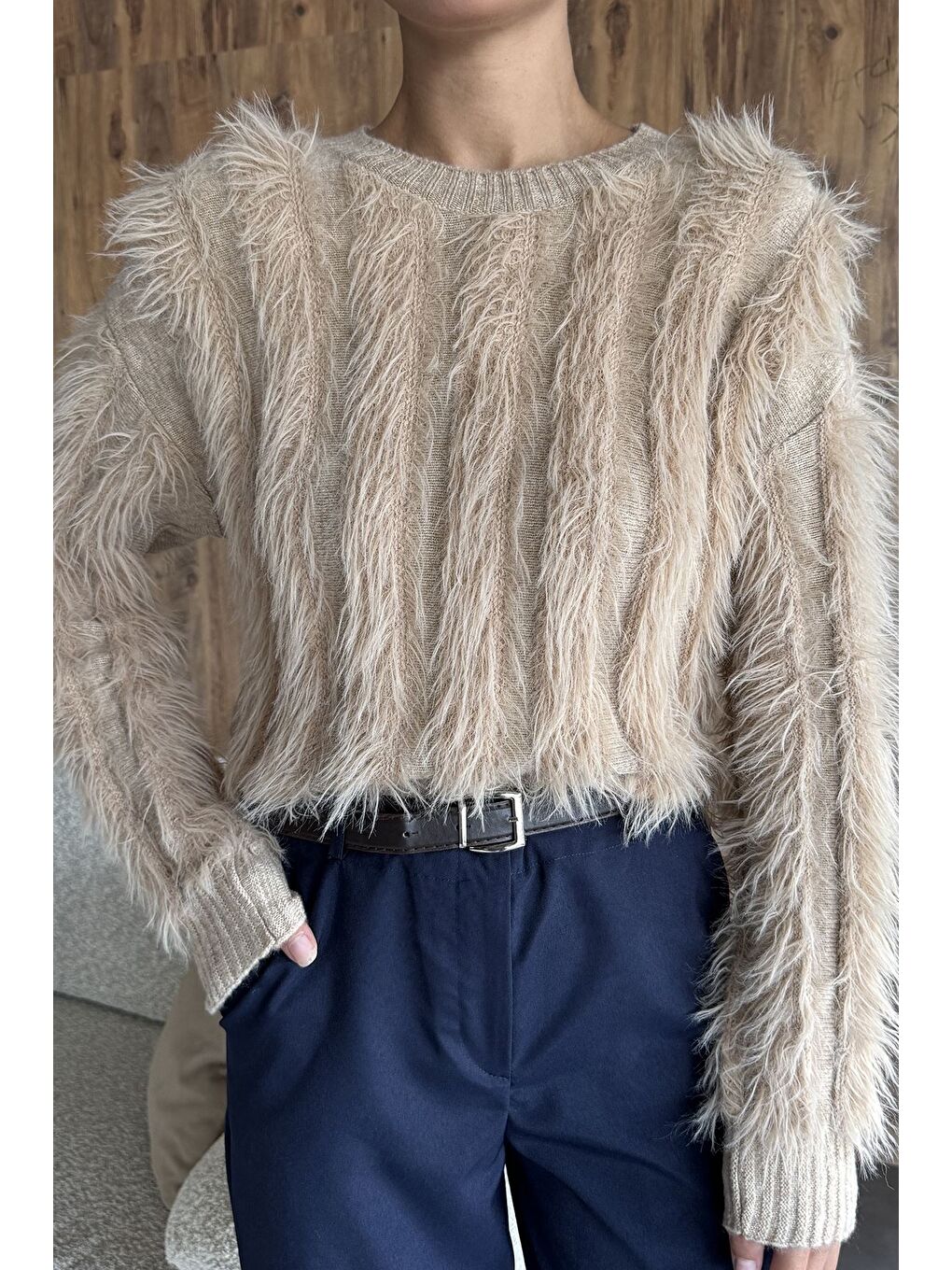 Bej Kadın Sakallı Triko Kazak-2