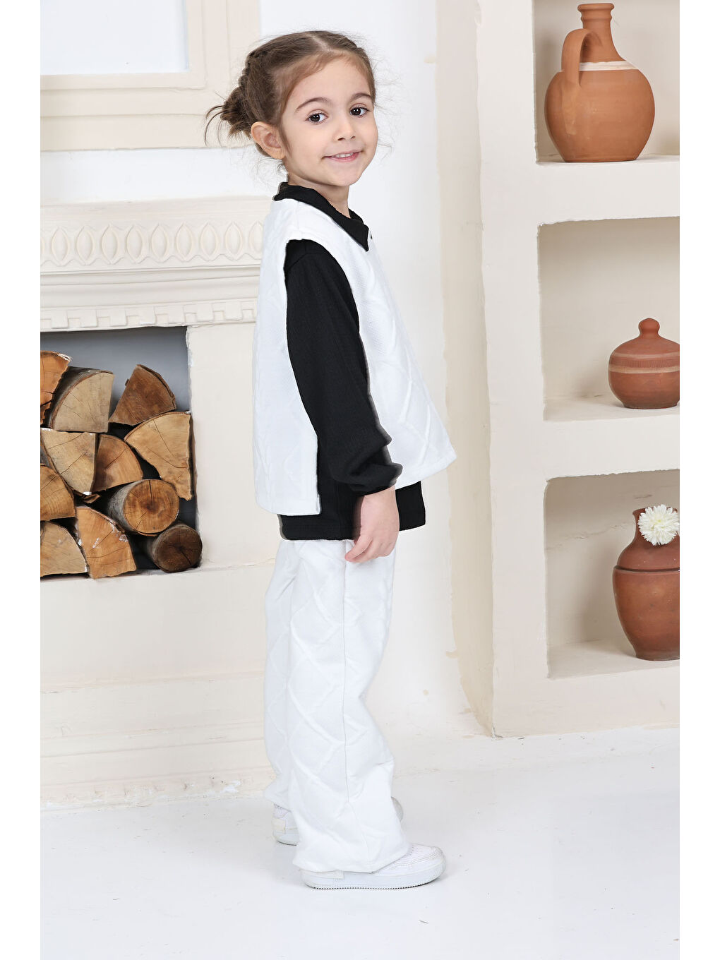 Kız Çocuk Beyaz Kız Çocuk Gömlek Yaka Dokulu Alt Üst Takım Takım - 26813-2