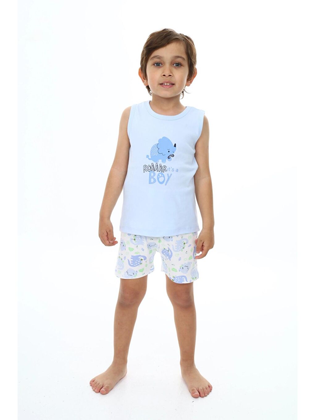 Mavi Dinazor Baskılı Şortlu Erkek Bebek Pijama Takım 54219