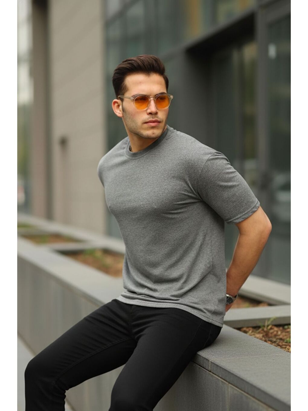 Gri Erkek Oversize Baskısız Tişört-2