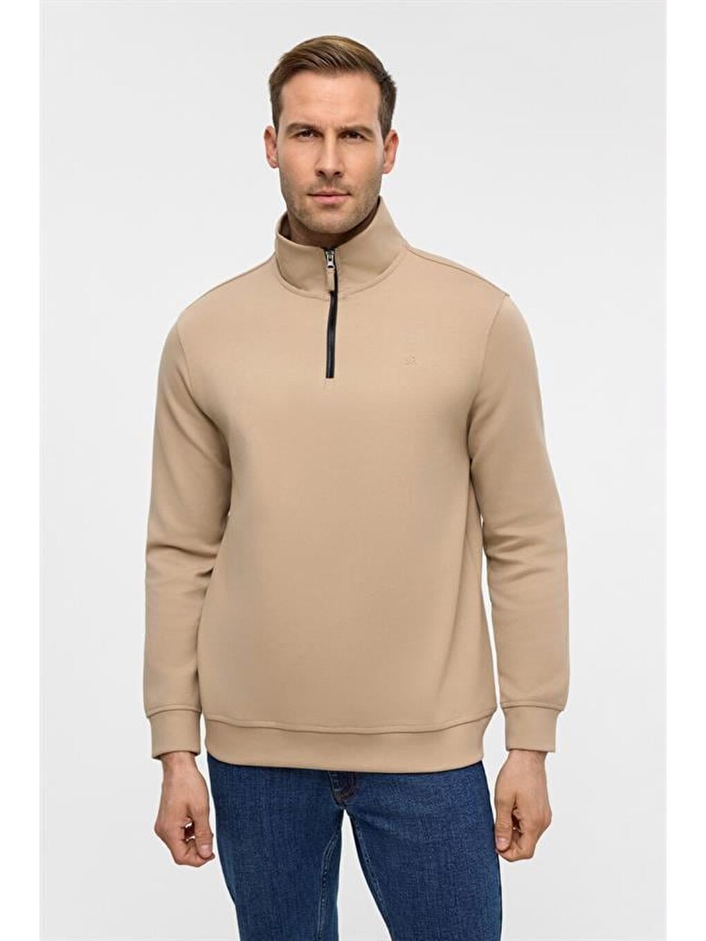 Bej Regular Düz Yarım Balıkçı Yaka Sweatshirt