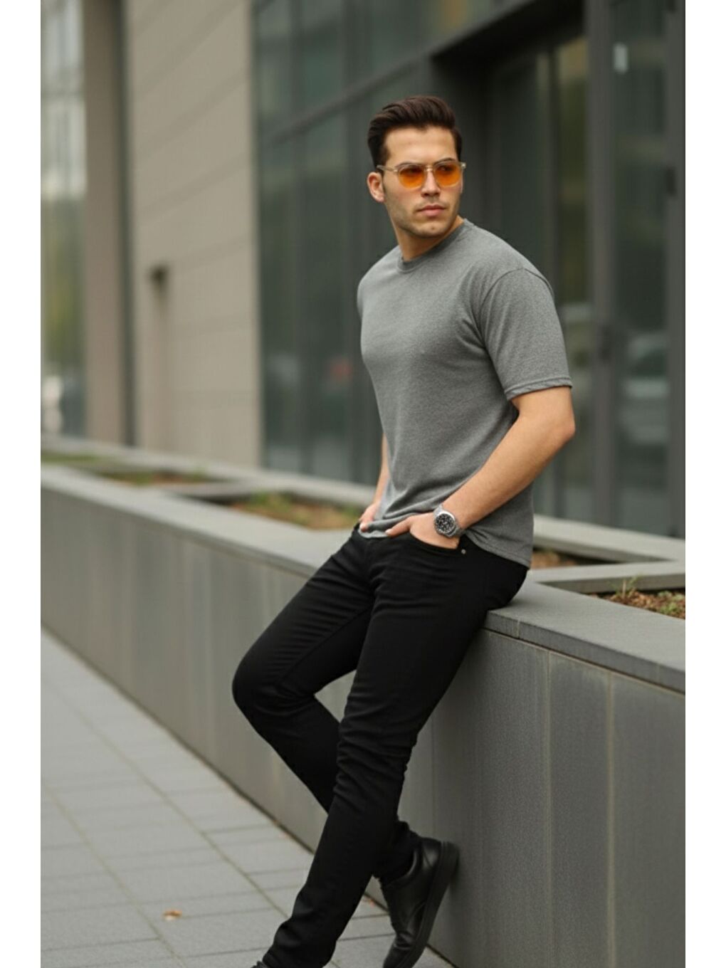 Gri Erkek Oversize Baskısız Tişört-3