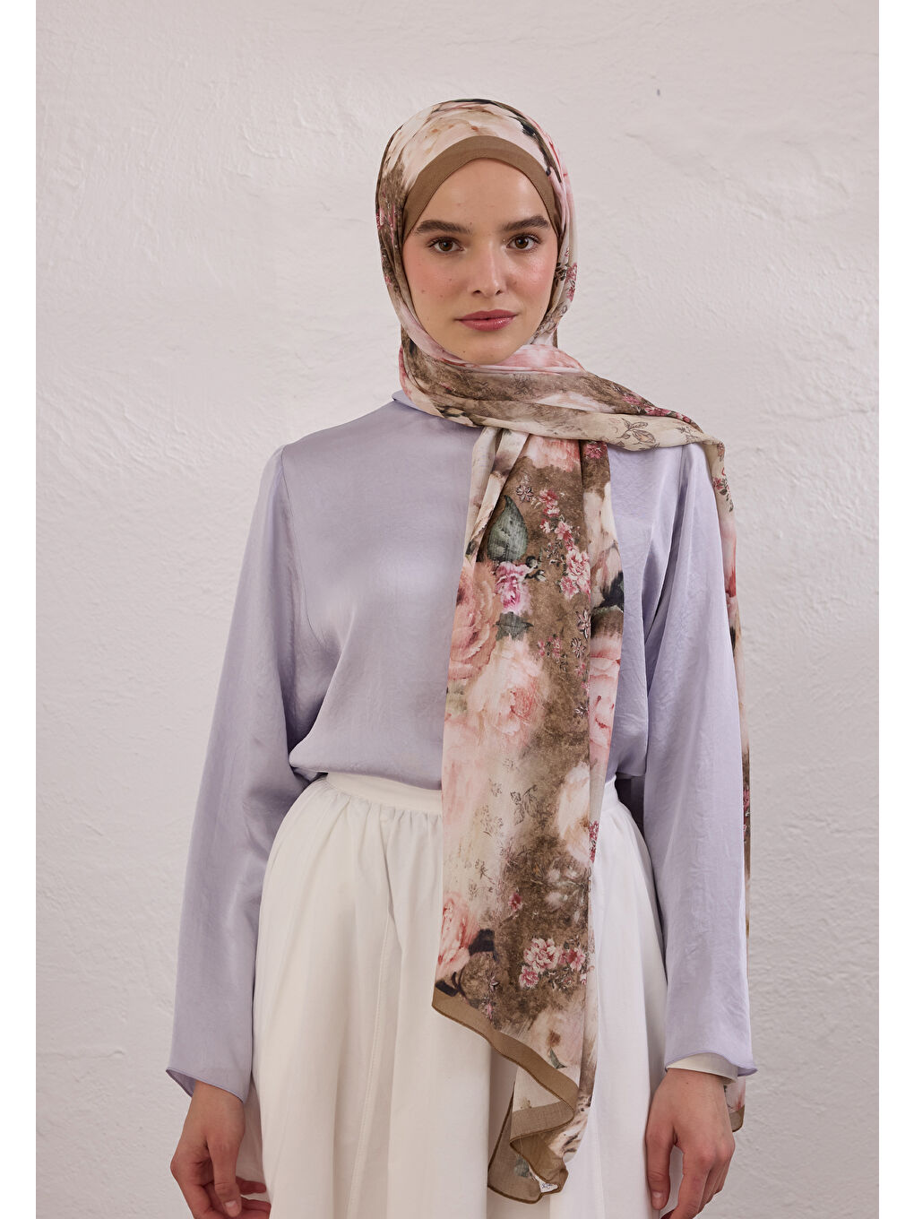 Bej Vıntage Rose Desen Rami Şal Vizon-1