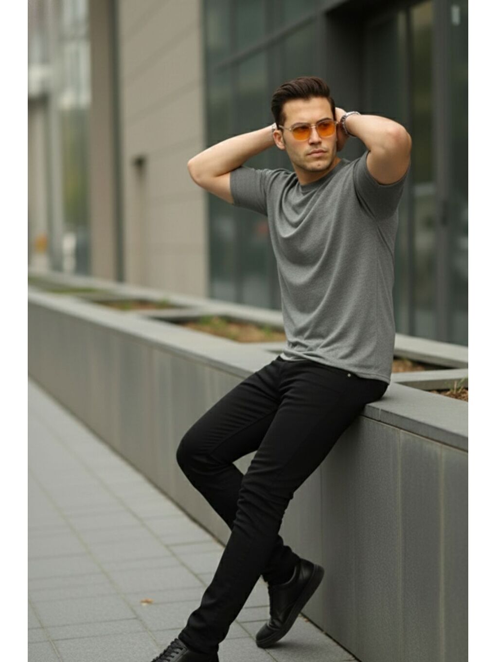 Gri Erkek Oversize Baskısız Tişört-4