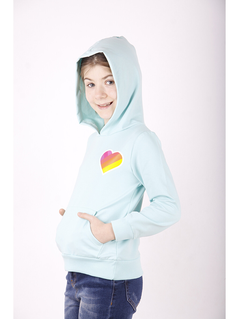 Turkuaz Kız Çocuk Like Kalp Baskılı Kanguru Cepli Sweatshirt-2