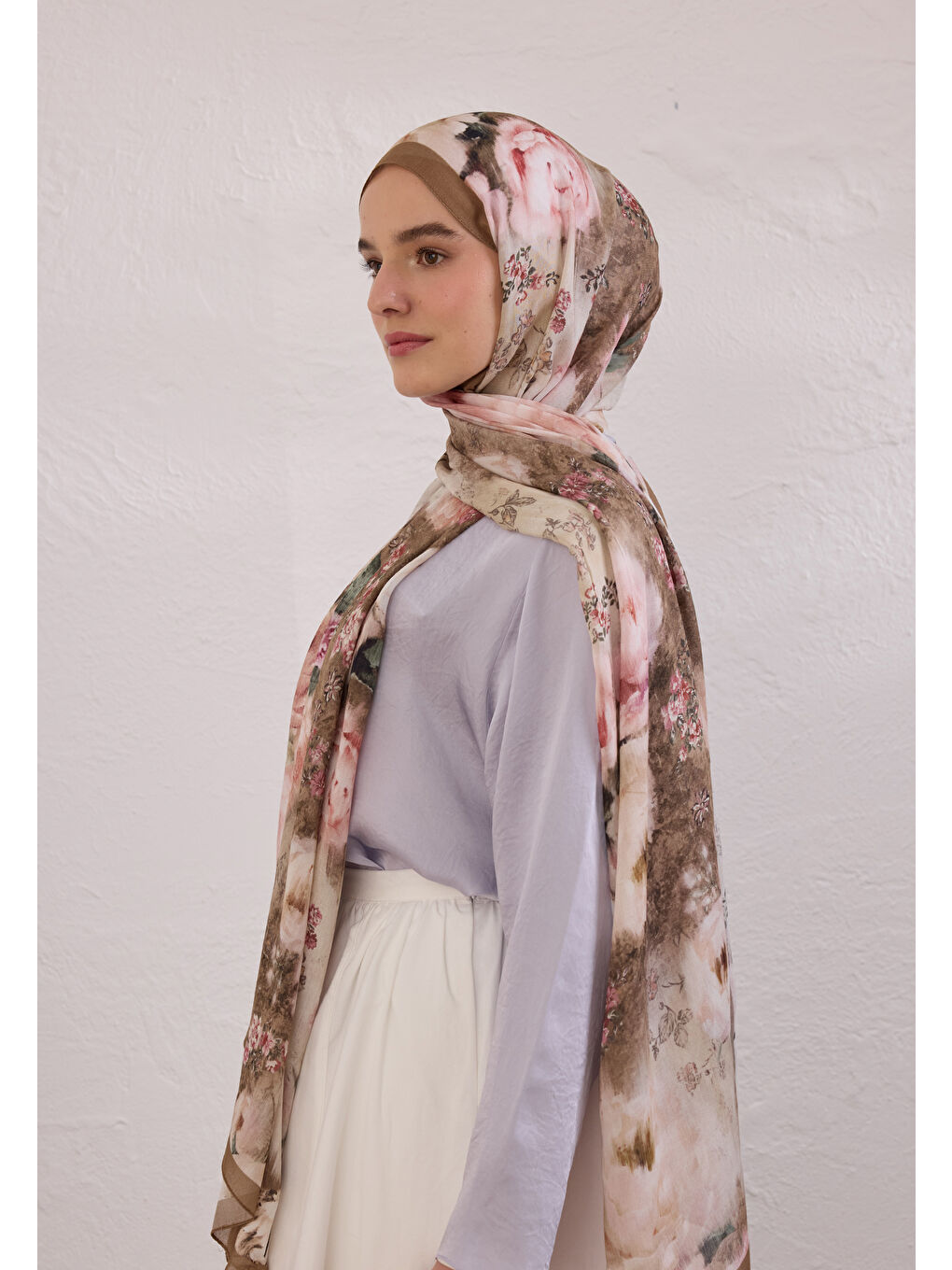 Bej Vıntage Rose Desen Rami Şal Vizon-2