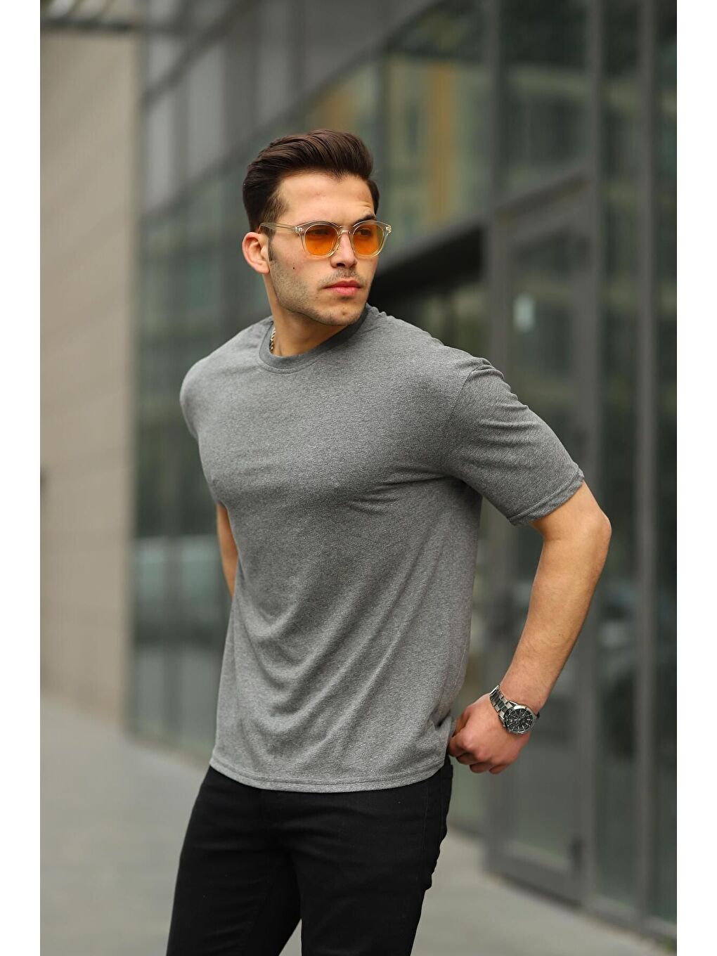 Gri Erkek Oversize Baskısız Tişört-5