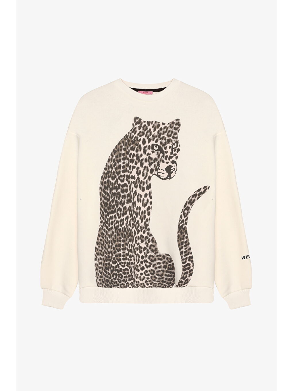 Leopar Figürlü Kolu Yazı Baskılı Sweatshirt Ekru