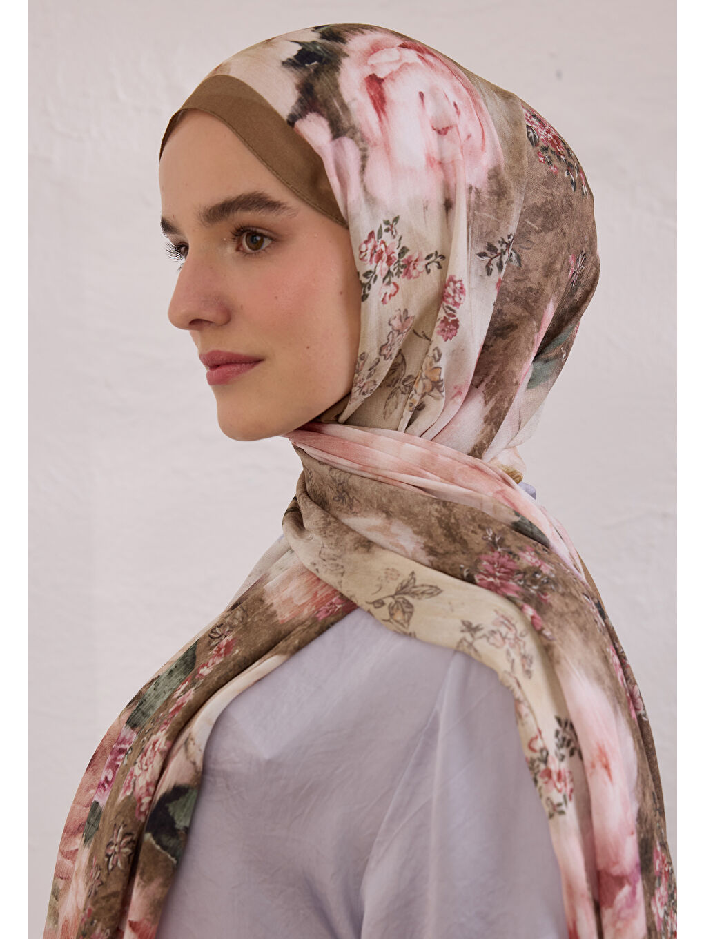 Bej Vıntage Rose Desen Rami Şal Vizon-3