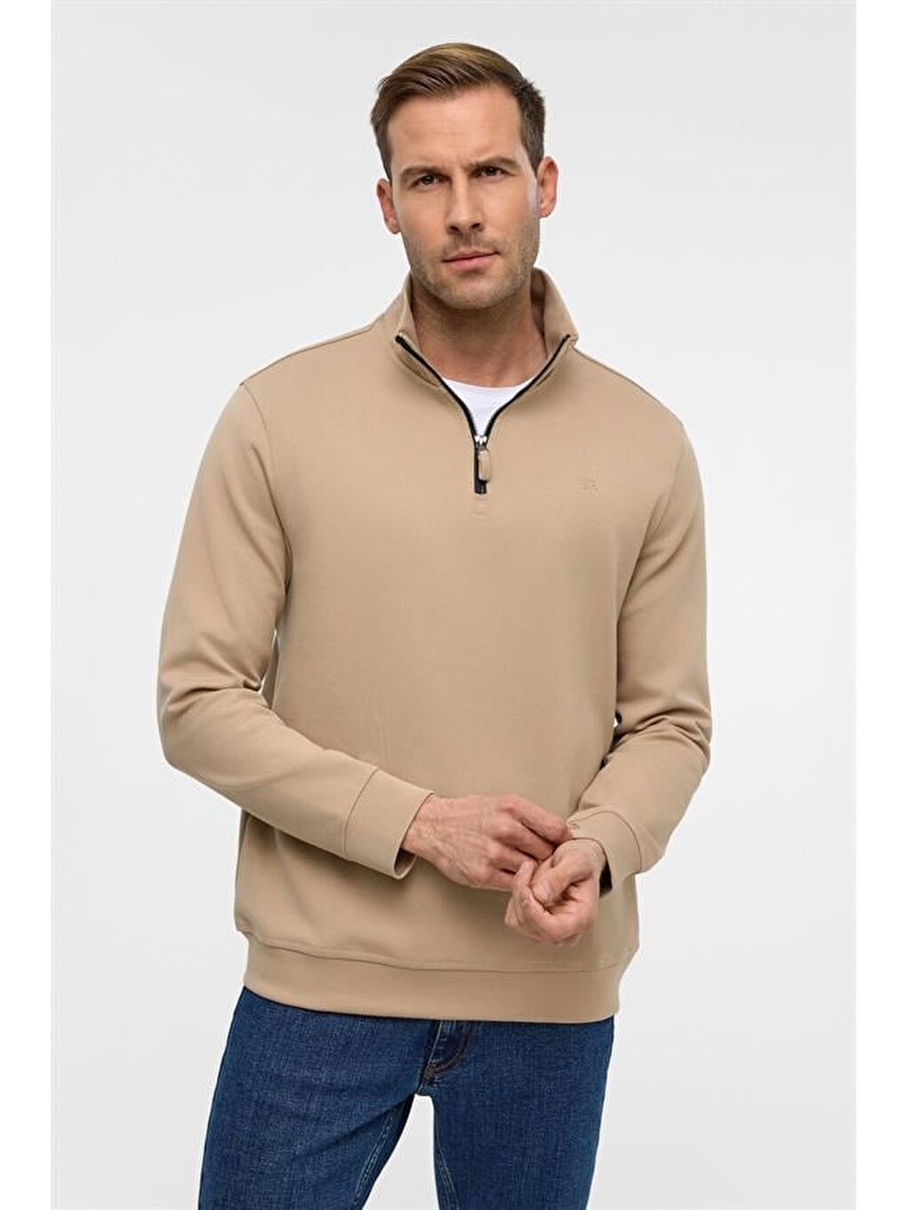 Bej Regular Düz Yarım Balıkçı Yaka Sweatshirt-1