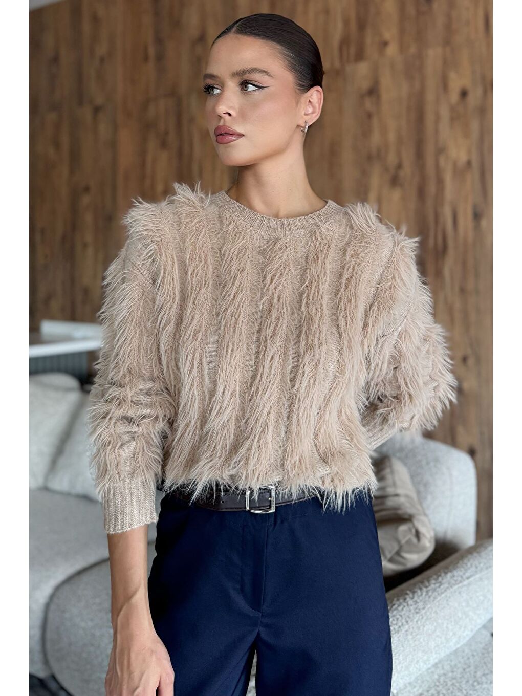 Bej Kadın Sakallı Triko Kazak-3