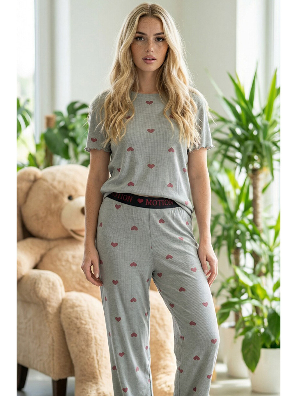 Koyu Gri Kalp Desenli Lastikli Fitilli Kaşkorse Örme Pijama Takım26120601