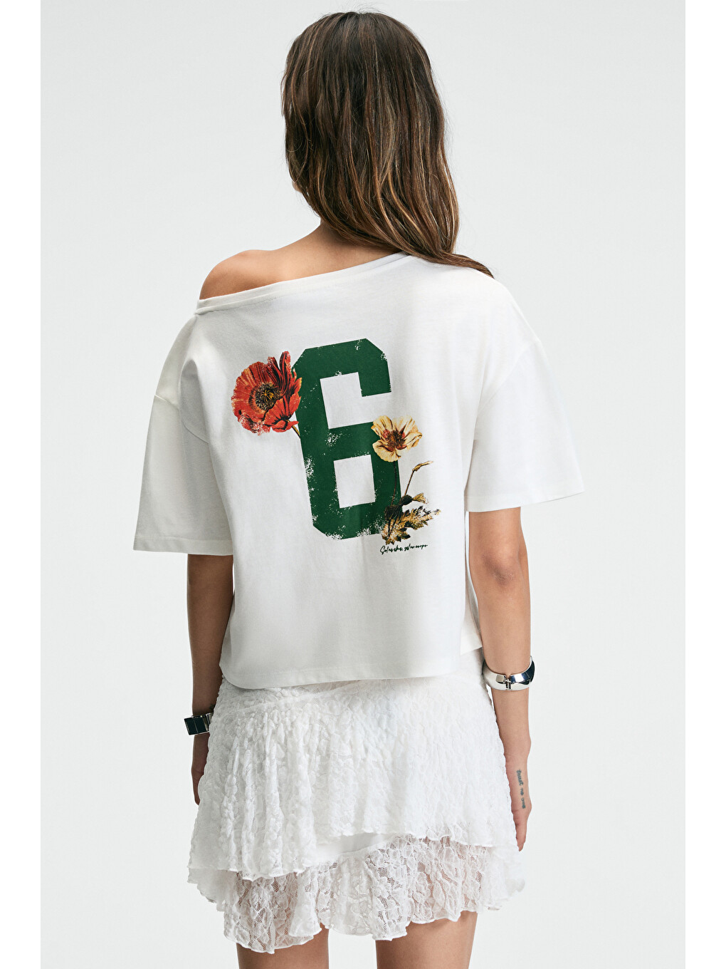 Ekru QALY Kadın Kayık Yaka Tek Omuz Kısa Kol Ön Ve Arka Baskı Detaylı Relaxed EKRU T-Shirt-6