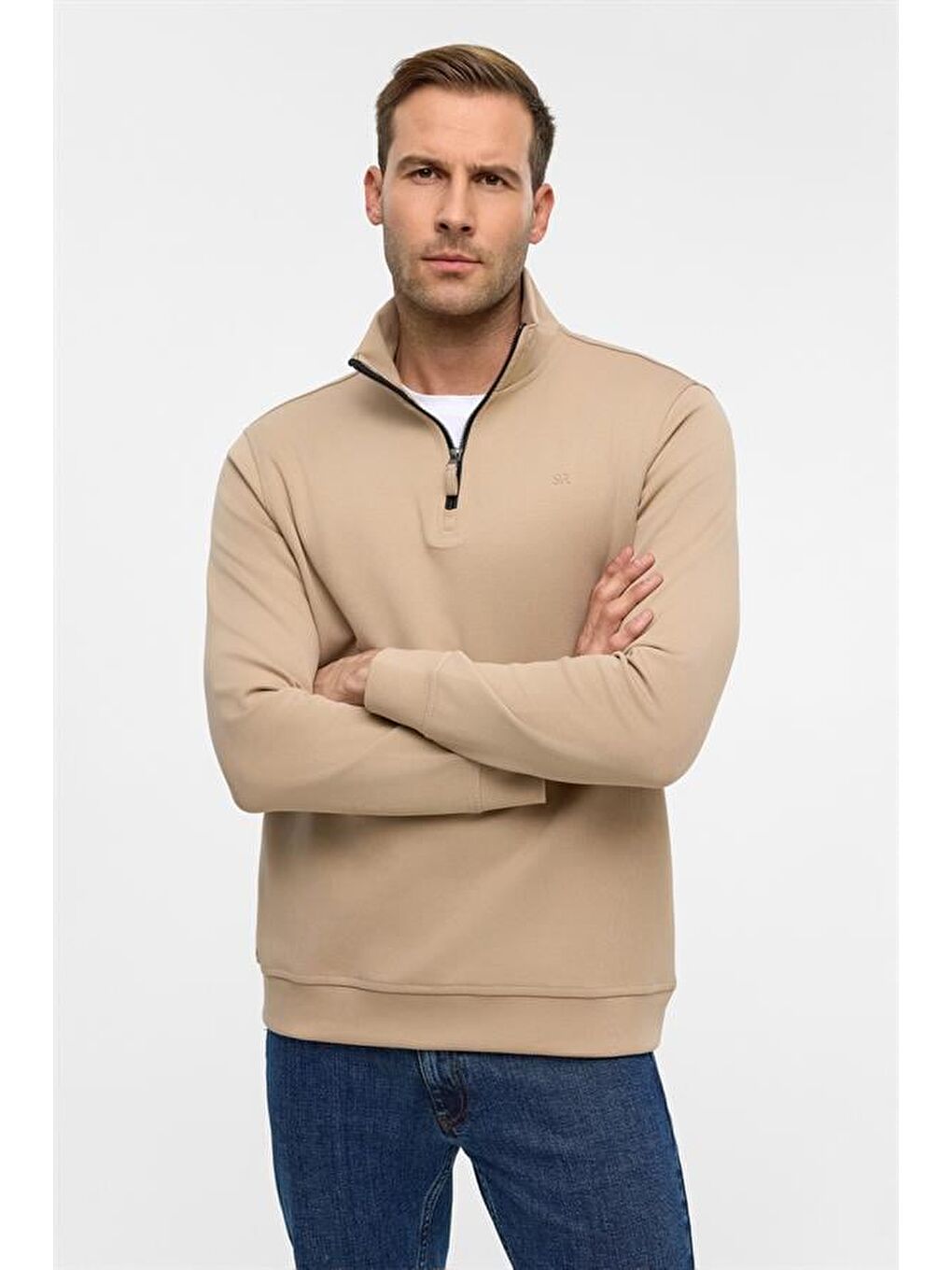 Bej Regular Düz Yarım Balıkçı Yaka Sweatshirt-2