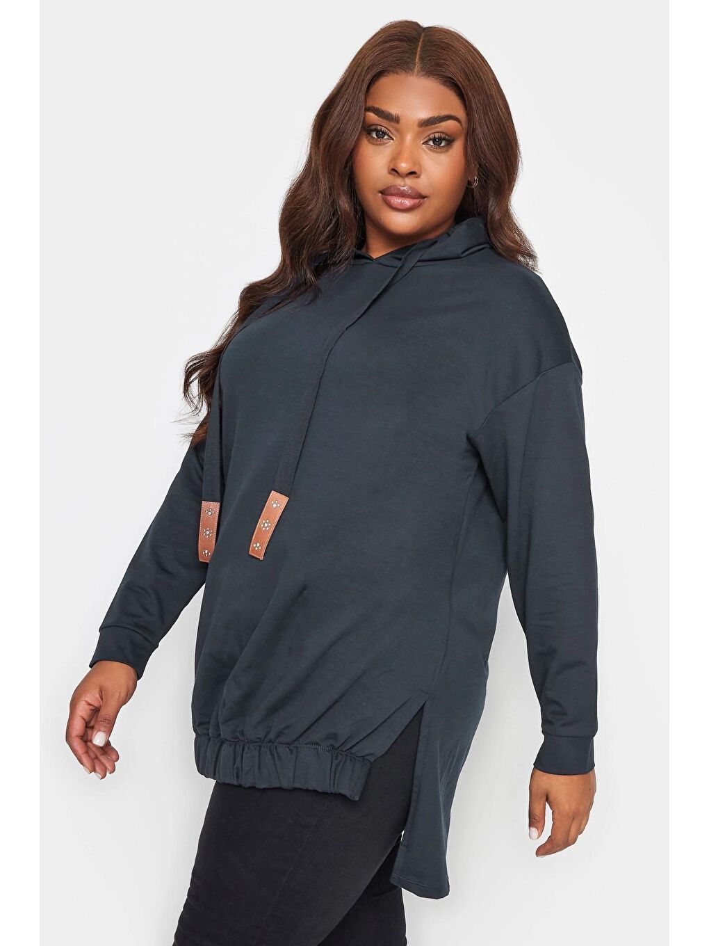 Lacivert Büyük Beden Arkası Uzun Kapüşonlu Bağcıklı Uzun Kollu Sweatshirt 302574-3