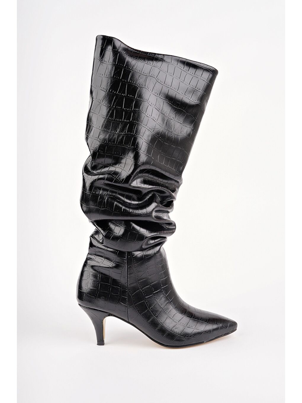 Siyah RUMBA Sivri Burun Kırışık Kroko Desenli İnce Topuklu Kadın Çizme