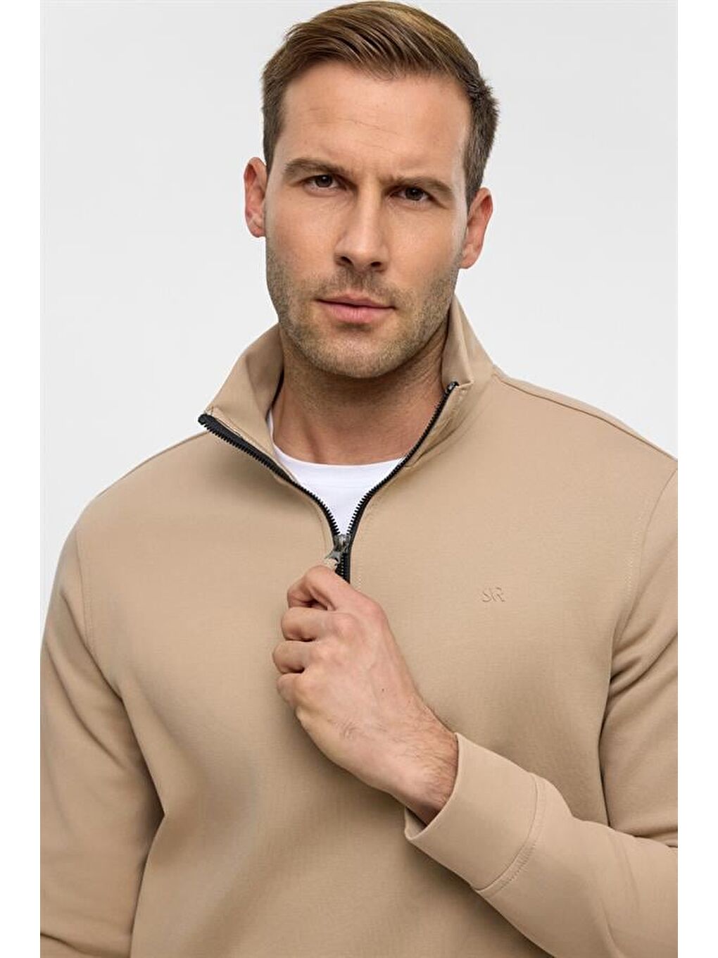 Bej Regular Düz Yarım Balıkçı Yaka Sweatshirt-3