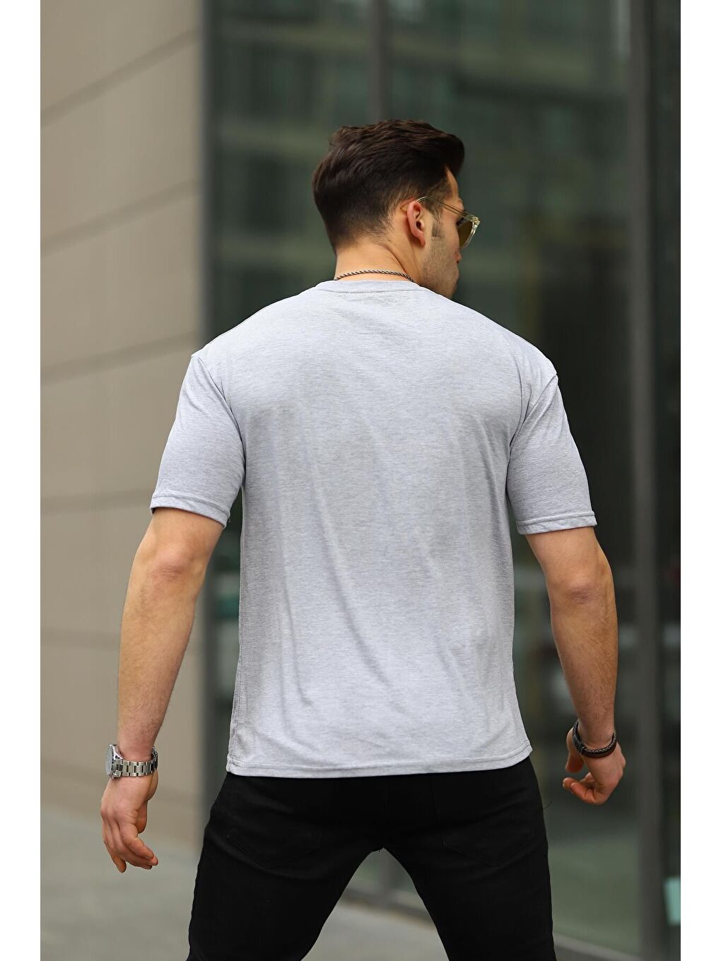 Gri Erkek Oversize Baskısız Tişört-2