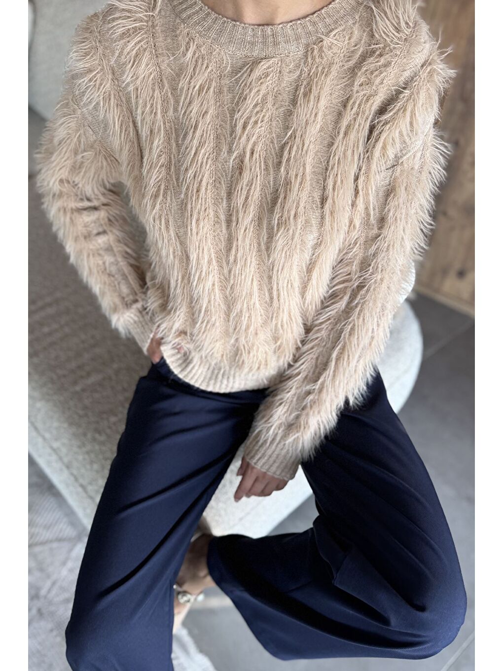 Bej Kadın Sakallı Triko Kazak-4