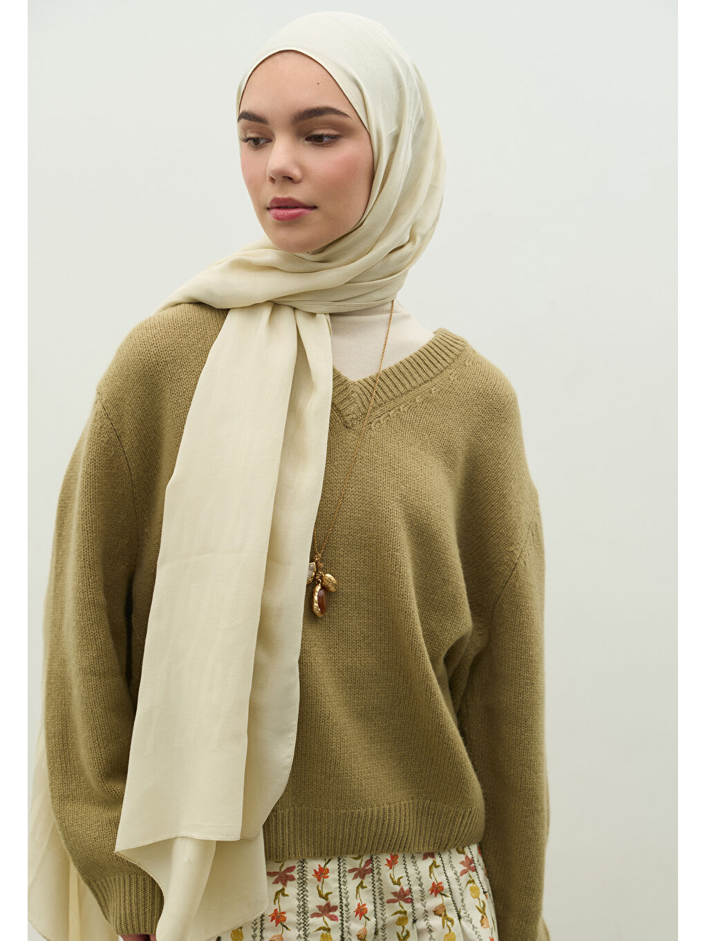 Bej NARA PAMUK FLOŞ JAKARLI ŞAL BEJ-2