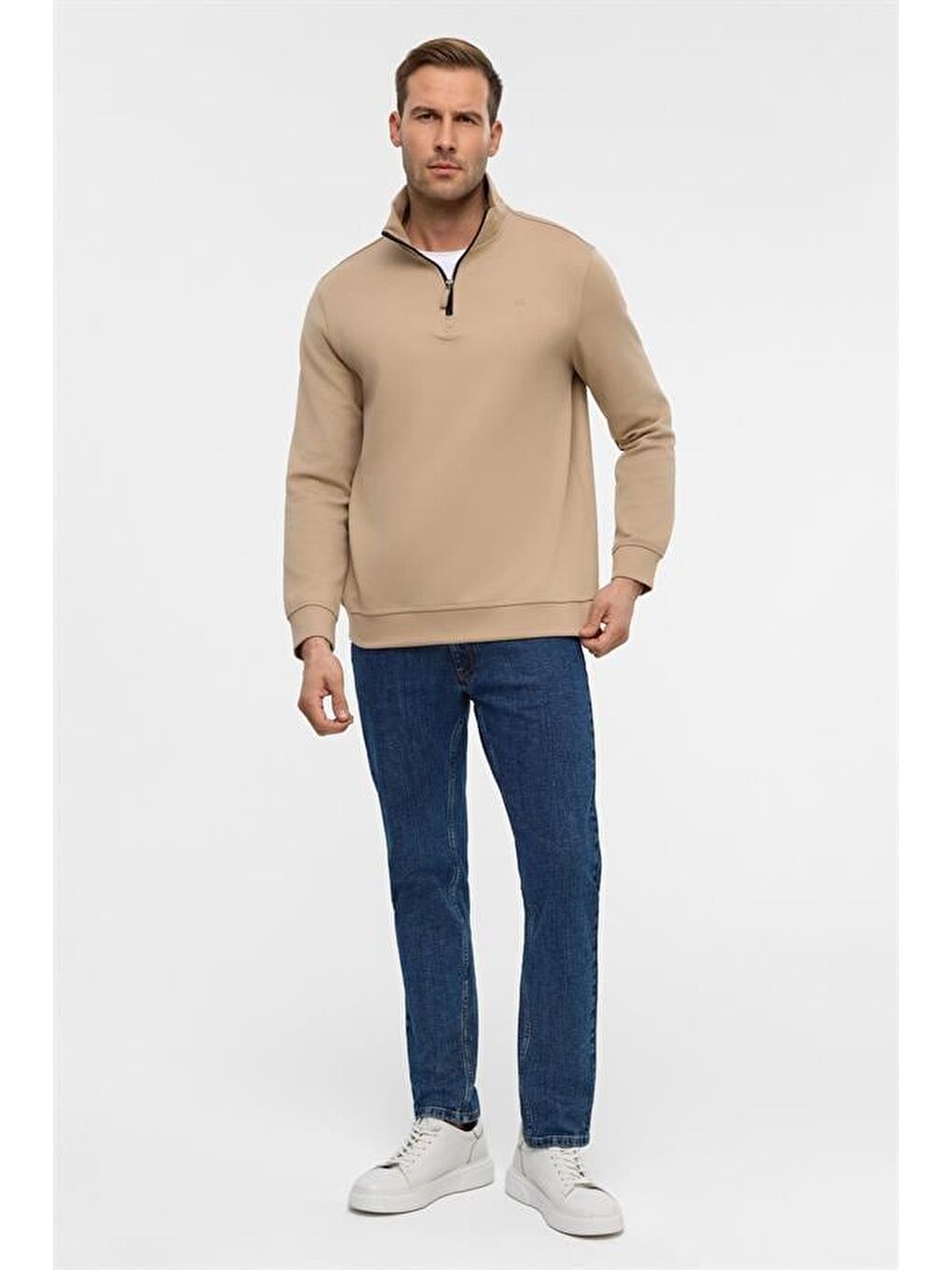 Bej Regular Düz Yarım Balıkçı Yaka Sweatshirt-5