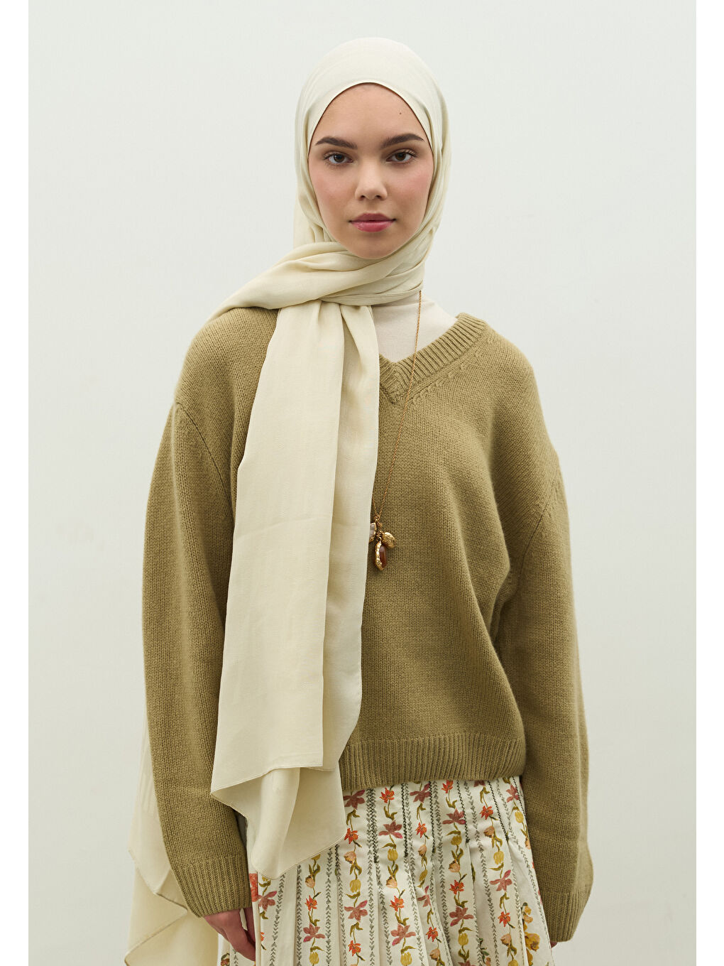 Bej NARA PAMUK FLOŞ JAKARLI ŞAL BEJ-3