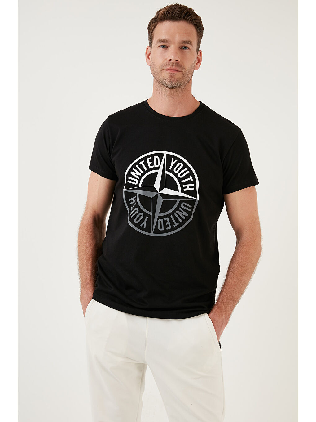 Siyah Pamuklu Slim Fit Bisiklet Yaka Baskılı 3'lü Paket %100 Pamuk Tişört 541S31-1