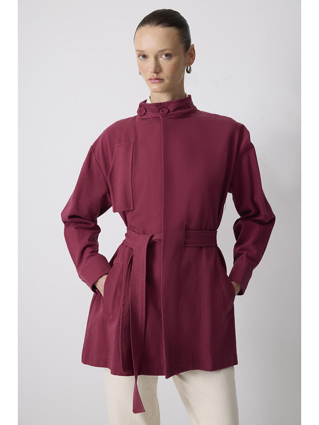 Bordo Kuşaklı Gabardin Ceket-1