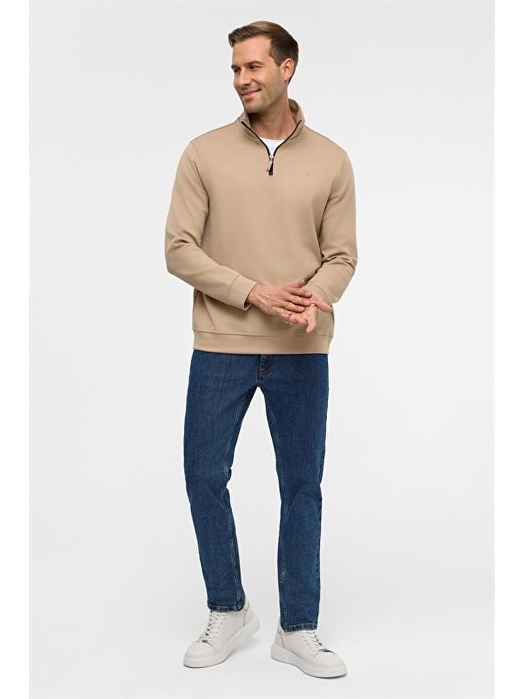 Bej Regular Düz Yarım Balıkçı Yaka Sweatshirt-6