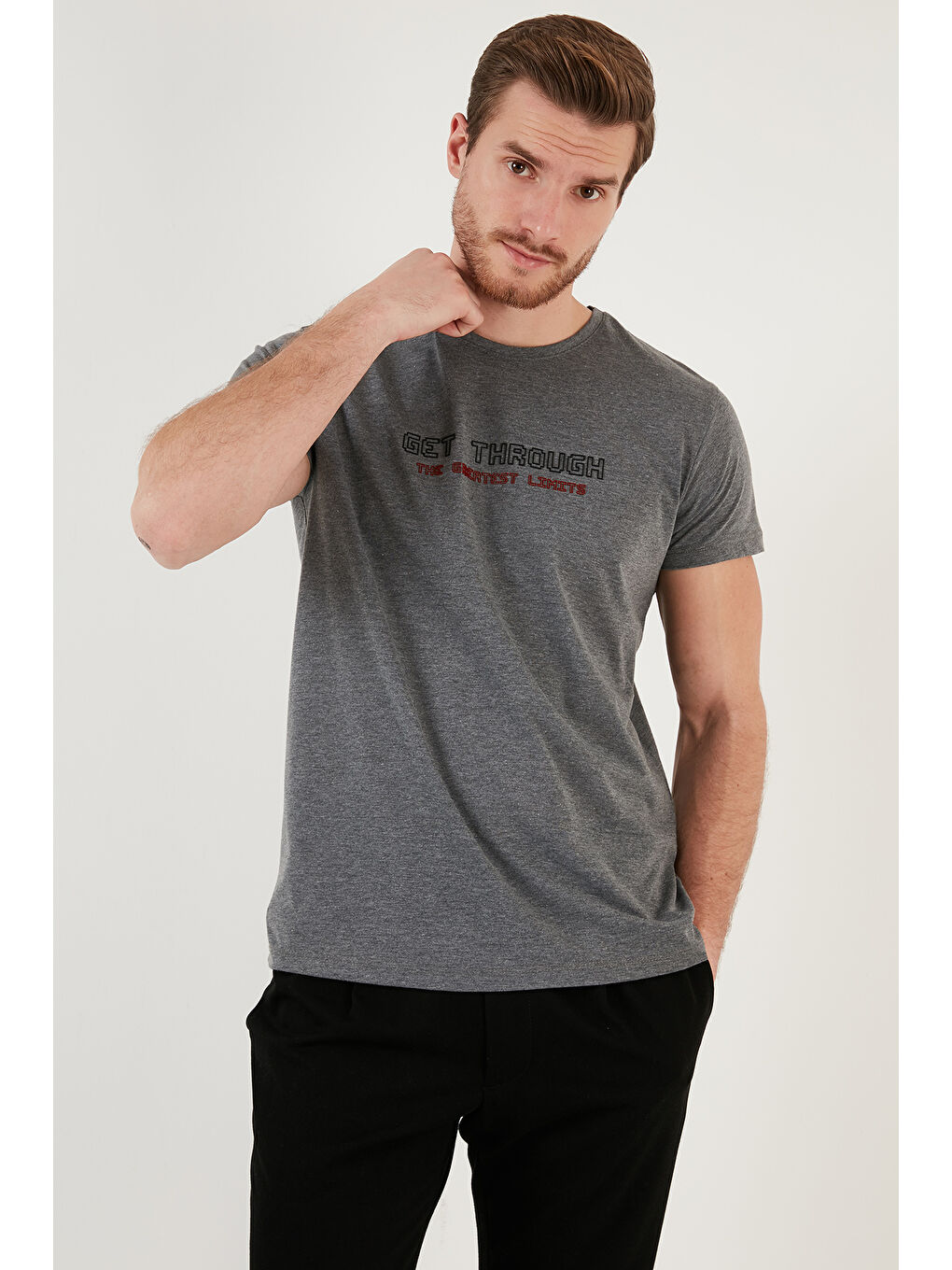 Siyah Pamuklu Slim Fit Bisiklet Yaka Baskılı 3'lü Paket %100 Pamuk Tişört 541S31-3