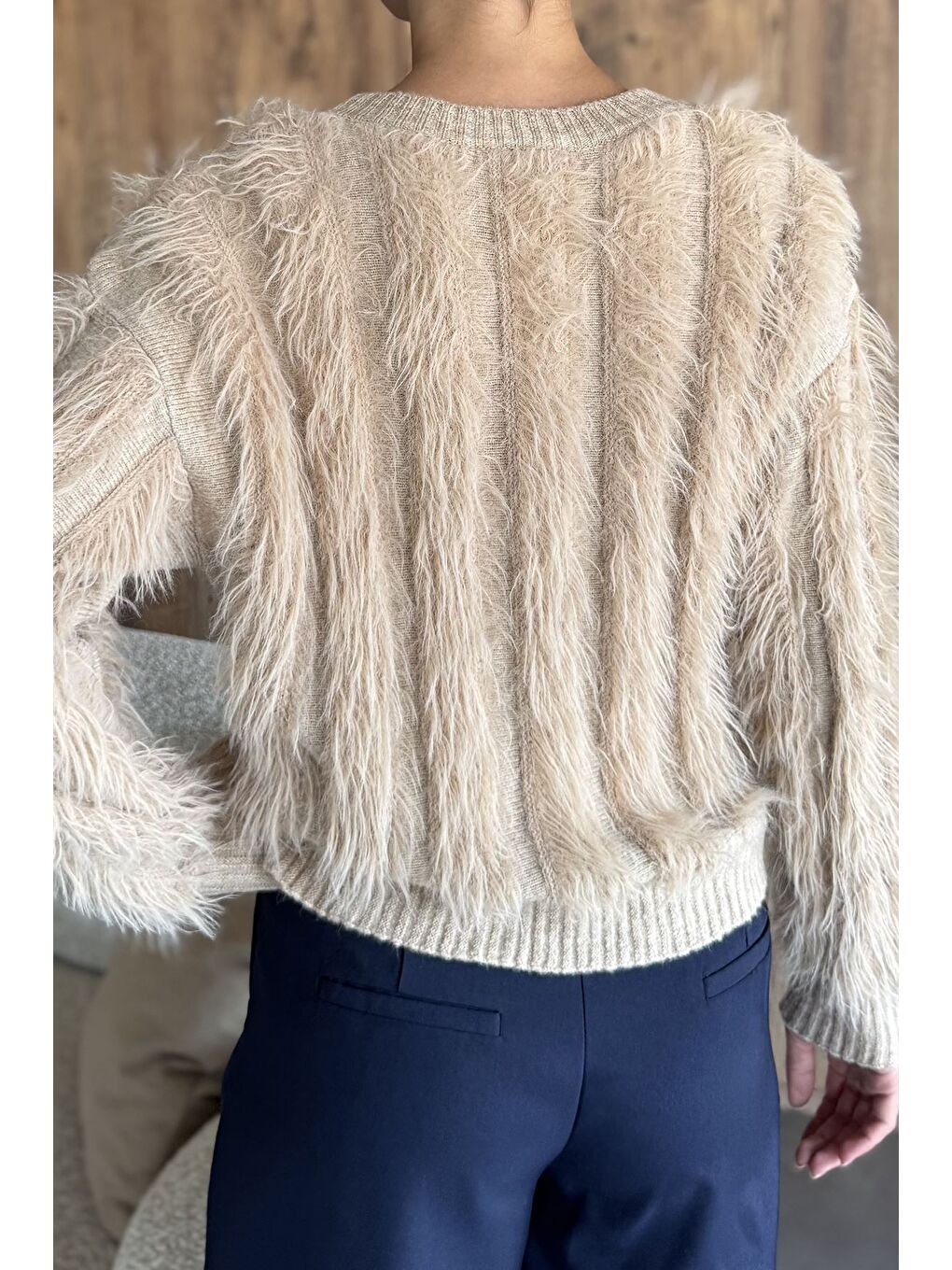 Bej Kadın Sakallı Triko Kazak-5