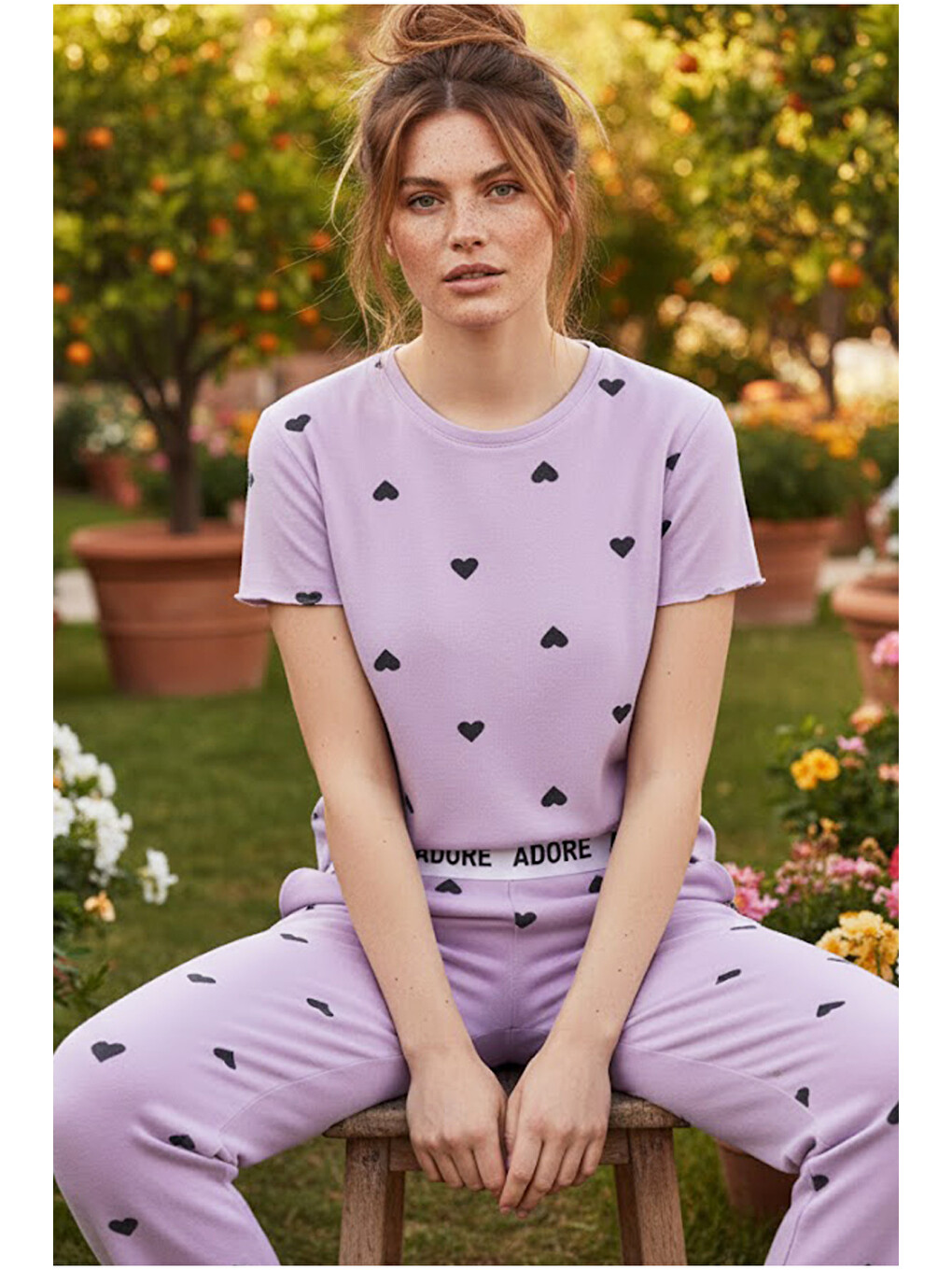 Lila Kalp Desenli Lastikli Fitilli Kaşkorse Örme Pijama Takım26120601