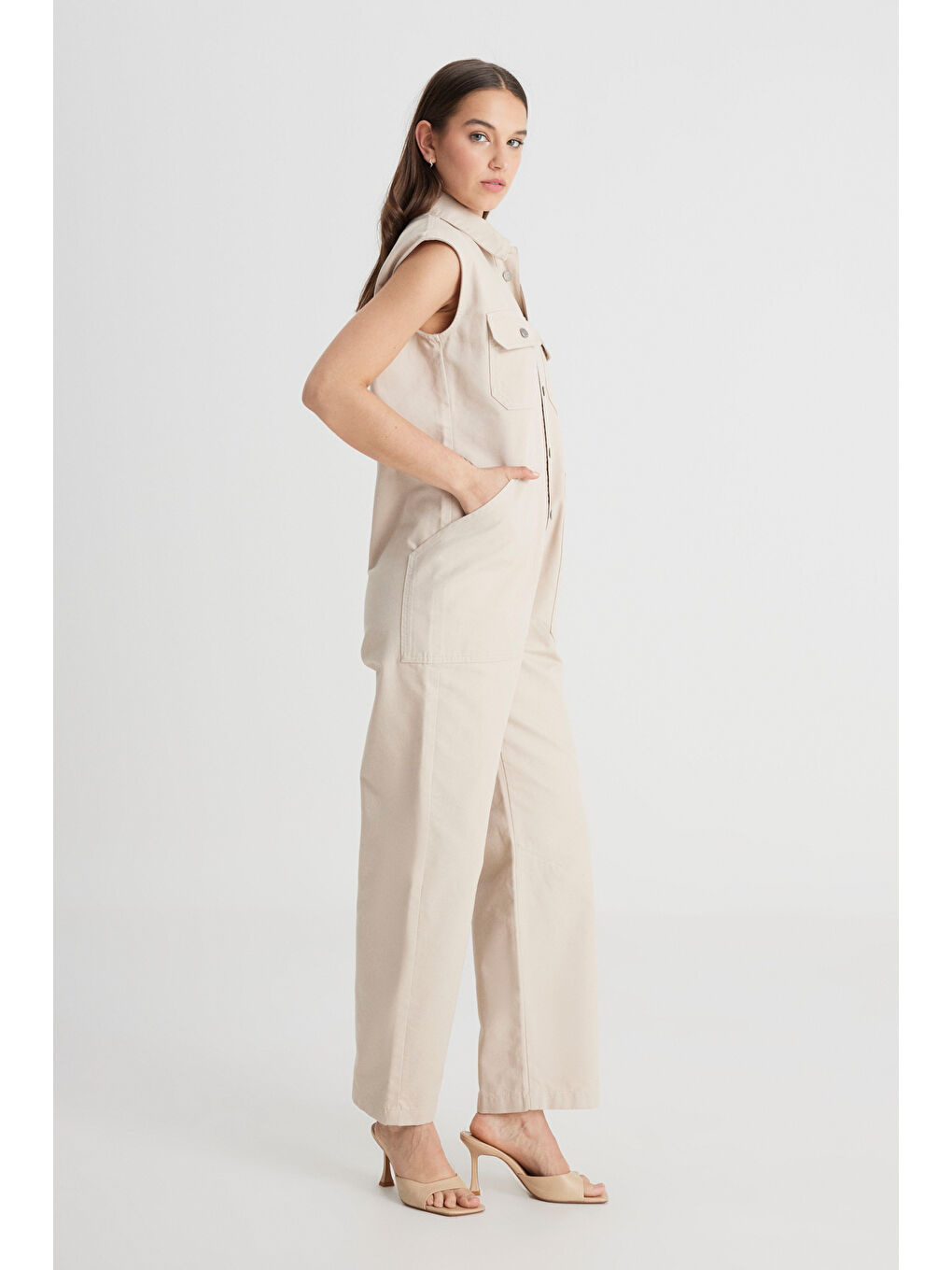 Straight Fit Düz Kesim Gömlek Yaka Düz Paça %100 Pamuk Bej Tulum-1