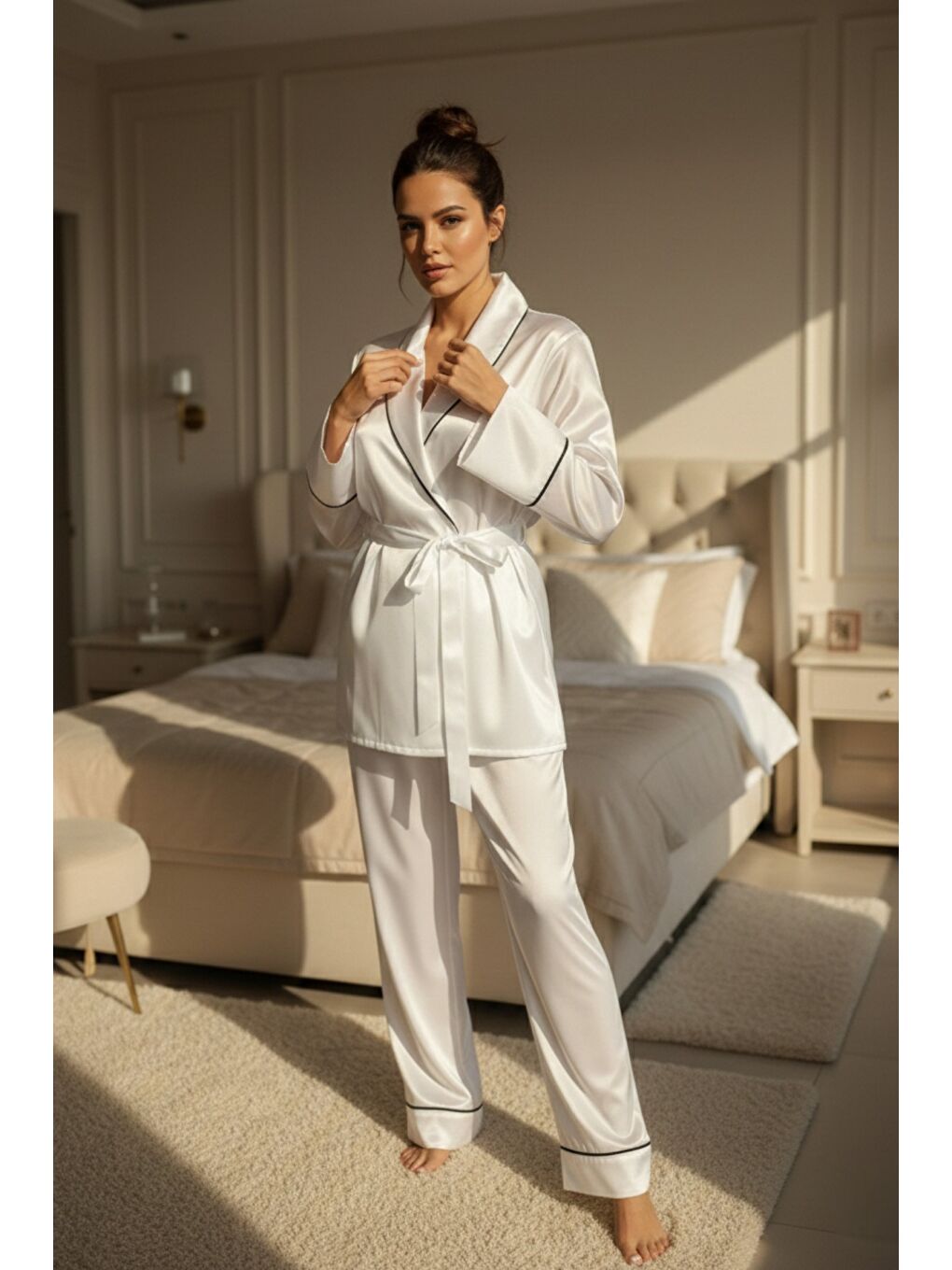 Beyaz Soft Glow Şal Yaka Uzun Kol Saten Pijama Takımı