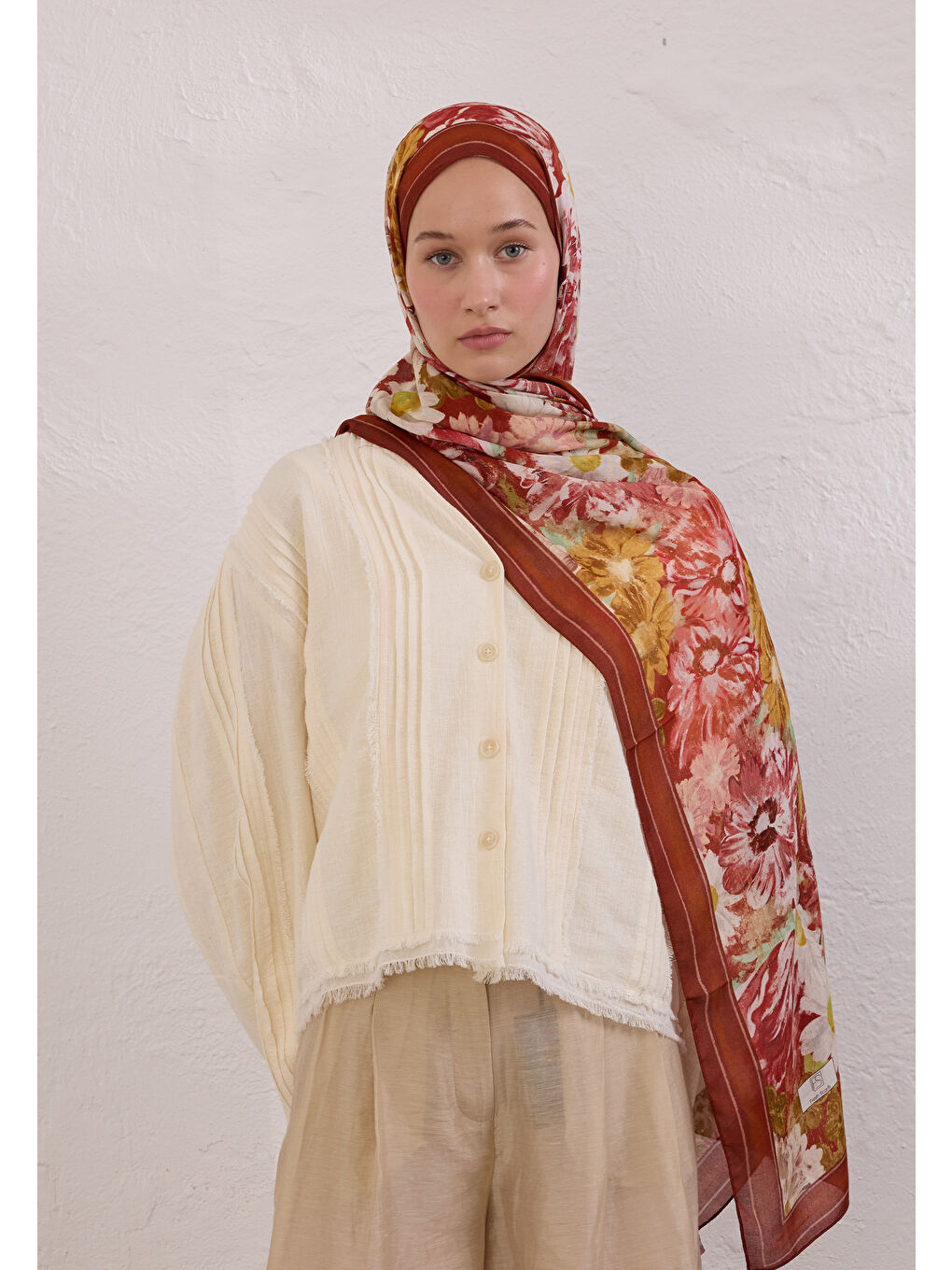 Kahverengi Jasmıne Joy Desen Rami Şal Kiremit-1