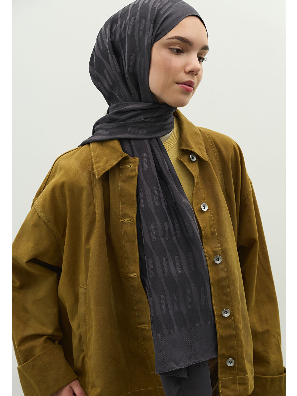 Gri NARA PAMUK FLOŞ JAKARLI ŞAL FÜME-1