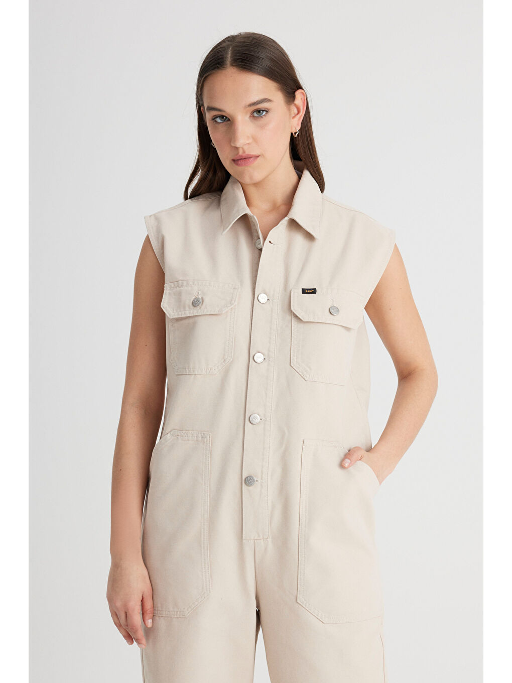 Straight Fit Düz Kesim Gömlek Yaka Düz Paça %100 Pamuk Bej Tulum-2