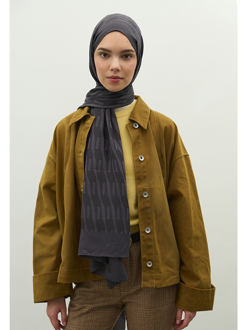 Gri NARA PAMUK FLOŞ JAKARLI ŞAL FÜME-3