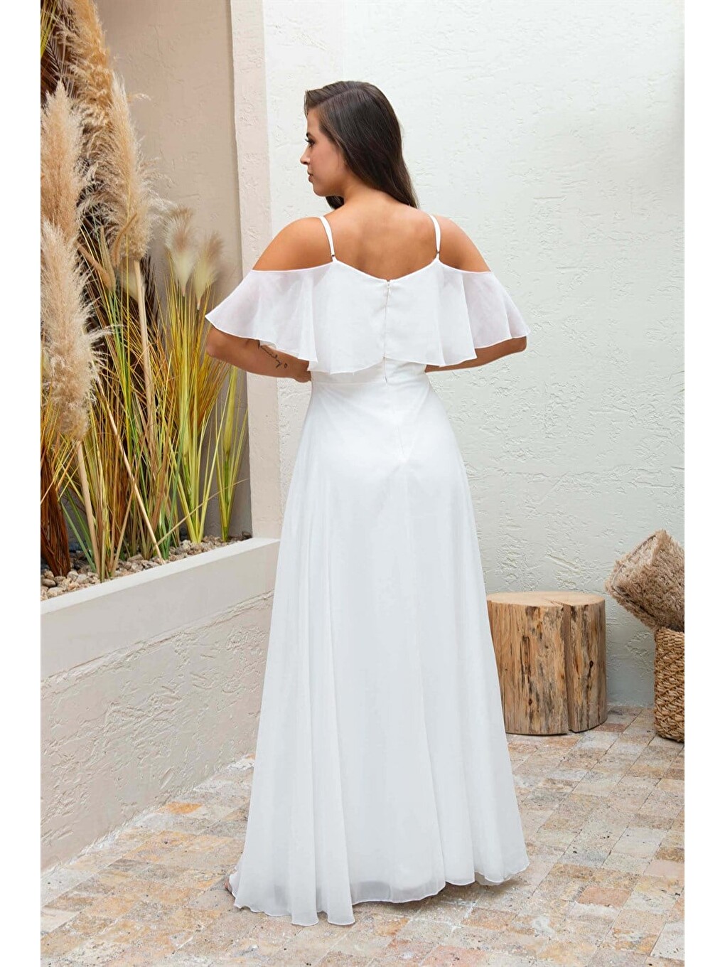 Ekru Askılı Uzun Nikah Elbisesi Ve Dış Çekim Elbisesi-4