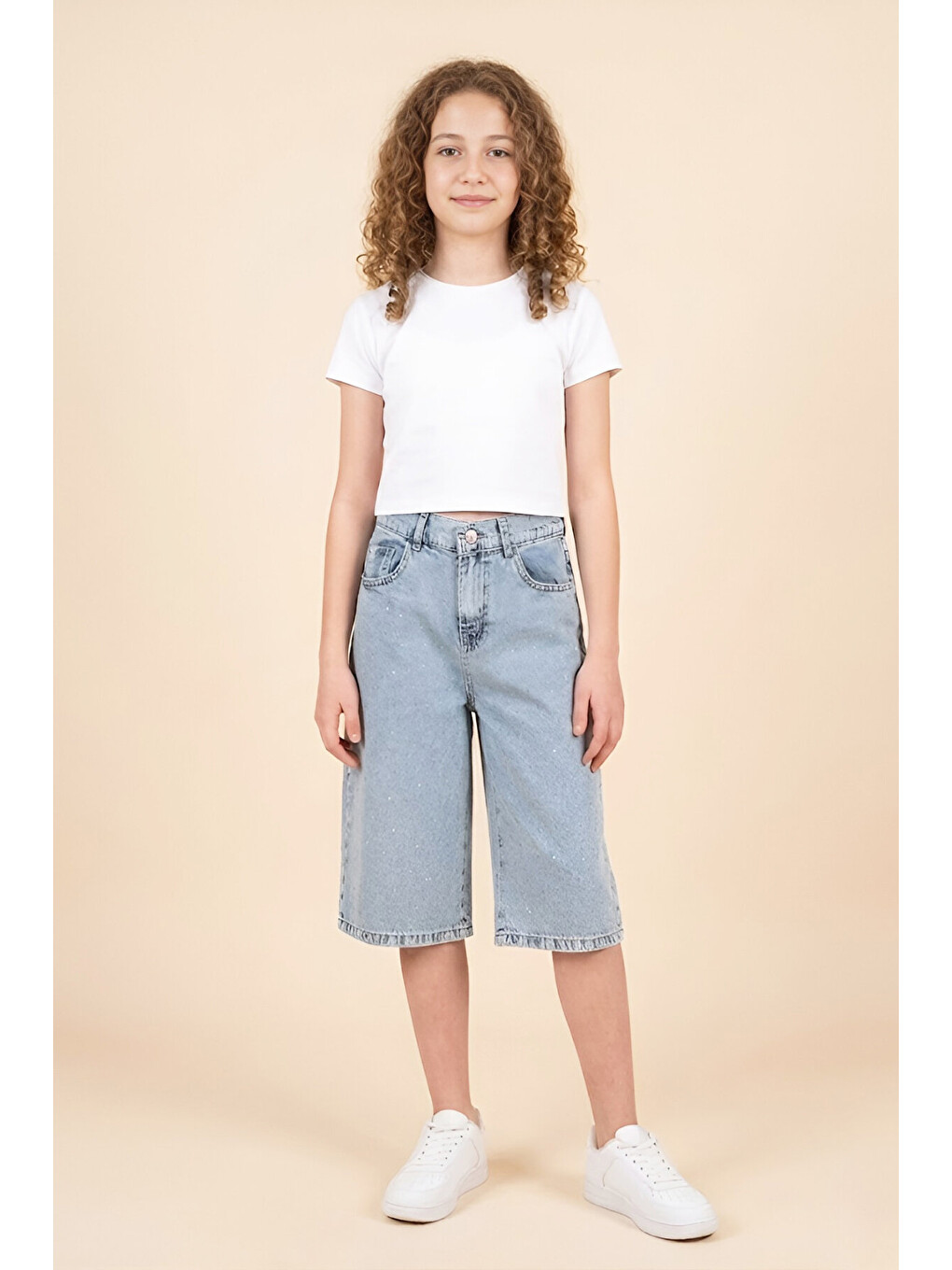 Mavi Kız Çocuk Taş Desenli Kapri Jean 5-15 Yaş 12672SK