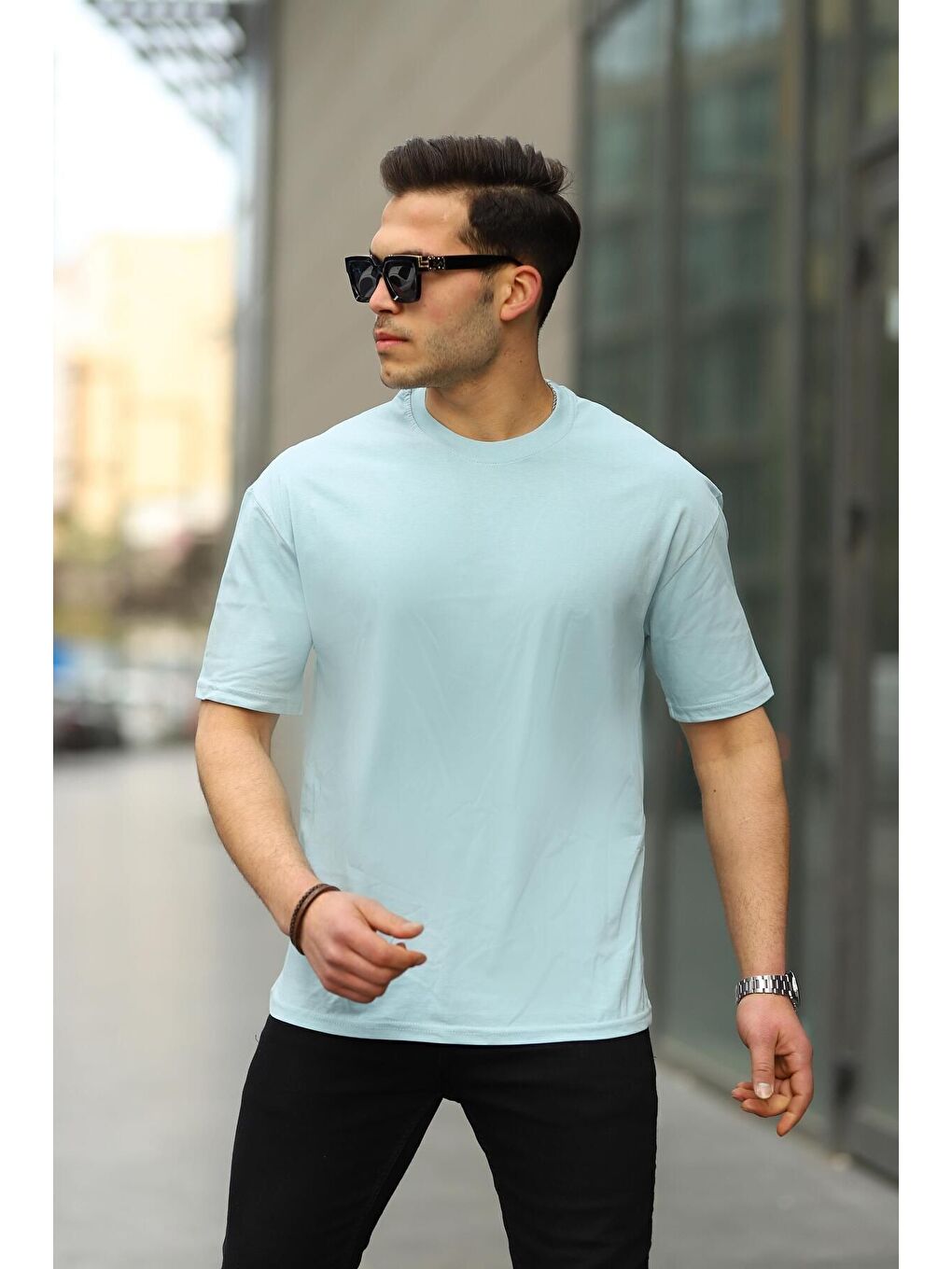 Mavi Erkek Oversize Baskısız Tişört