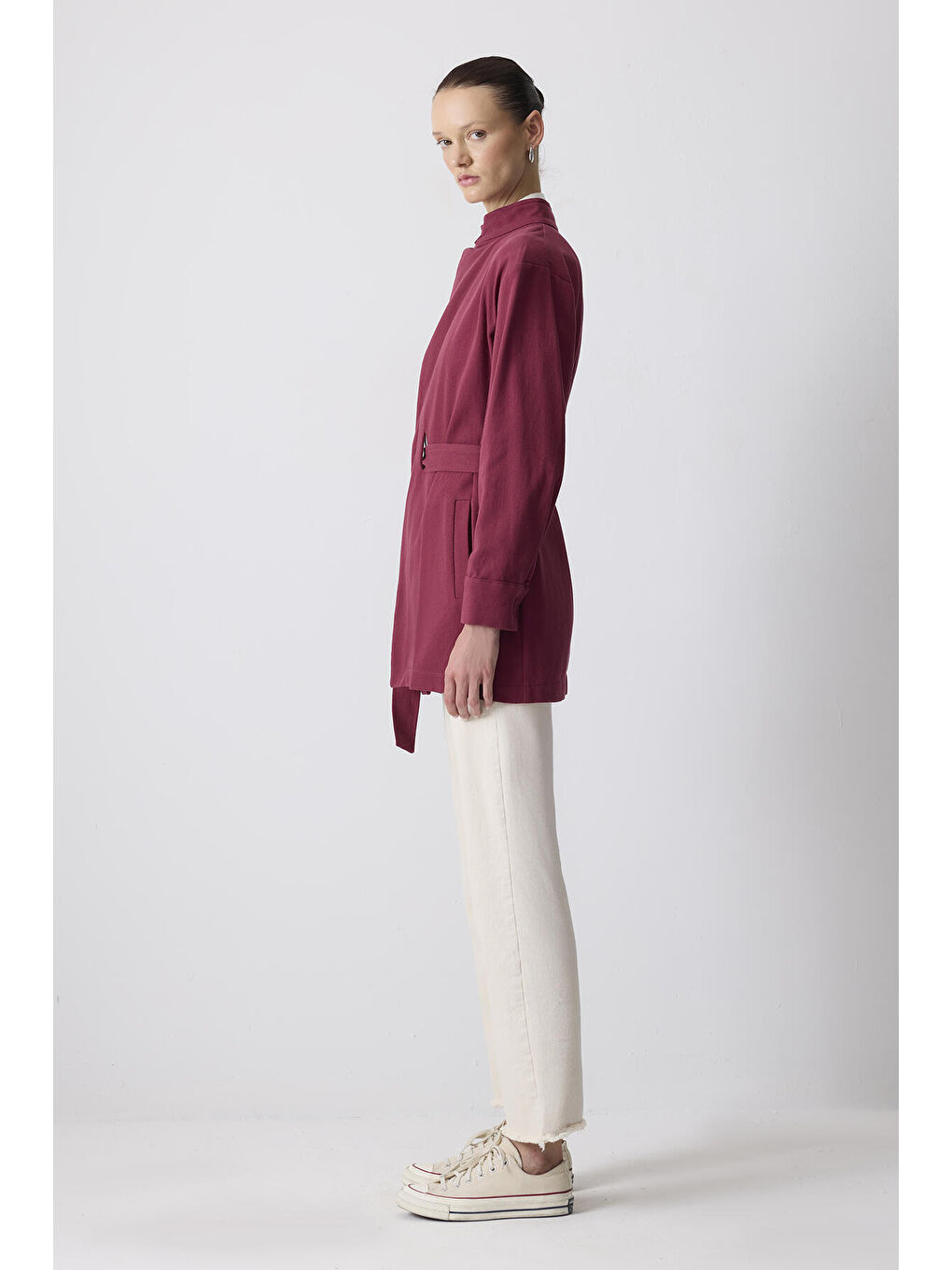 Bordo Kuşaklı Gabardin Ceket-3