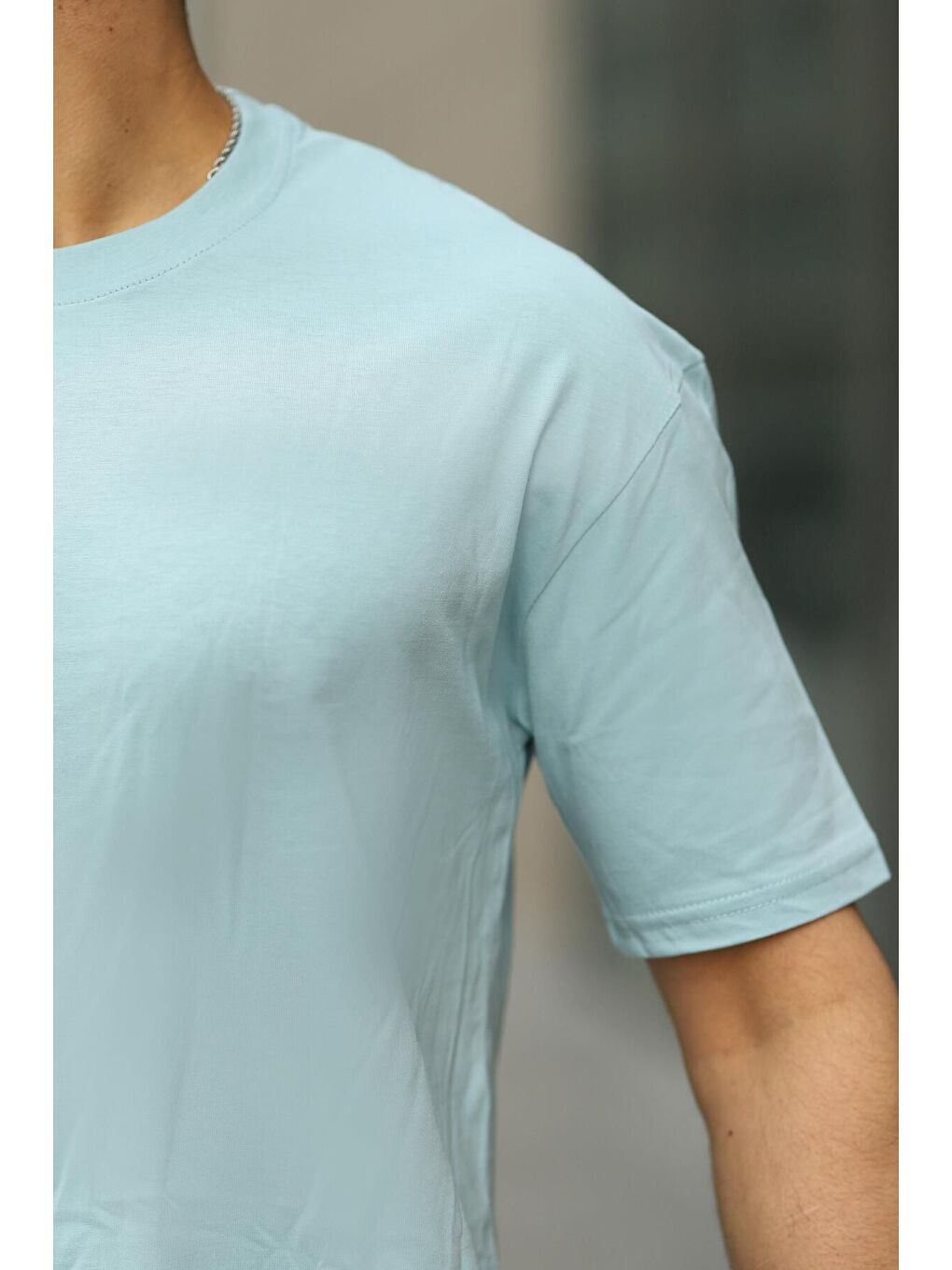 Mavi Erkek Oversize Baskısız Tişört-1