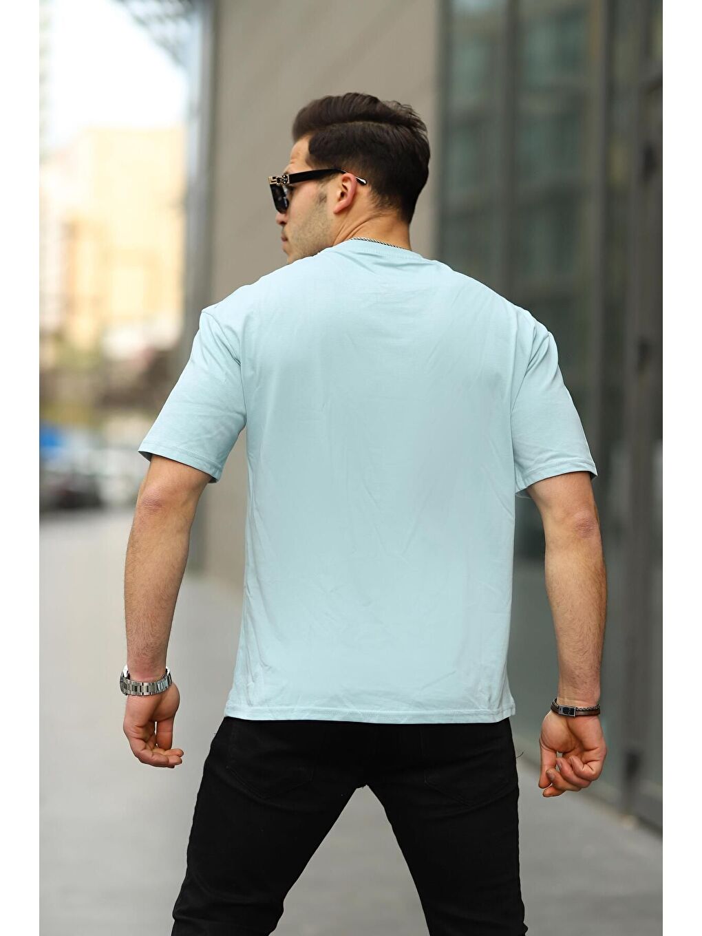 Mavi Erkek Oversize Baskısız Tişört-2