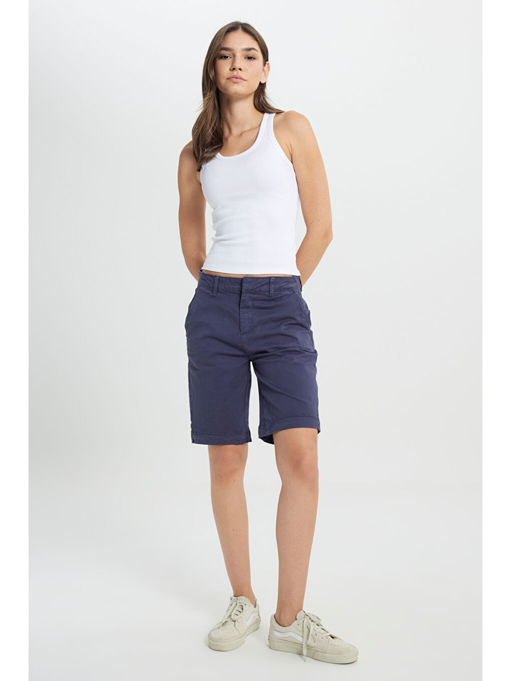 Regular Fit Normal Kesim Normal Bel Lacivert Chino Şort-2